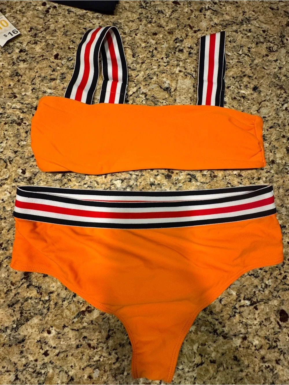 Women's Orange High-Waist Bikini Set with Striped Straps